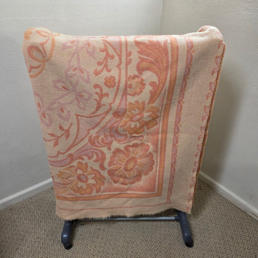 Vintage Wool Woven Floral Damask Blanket Peach Pink Cream 85x72 Boho Retro